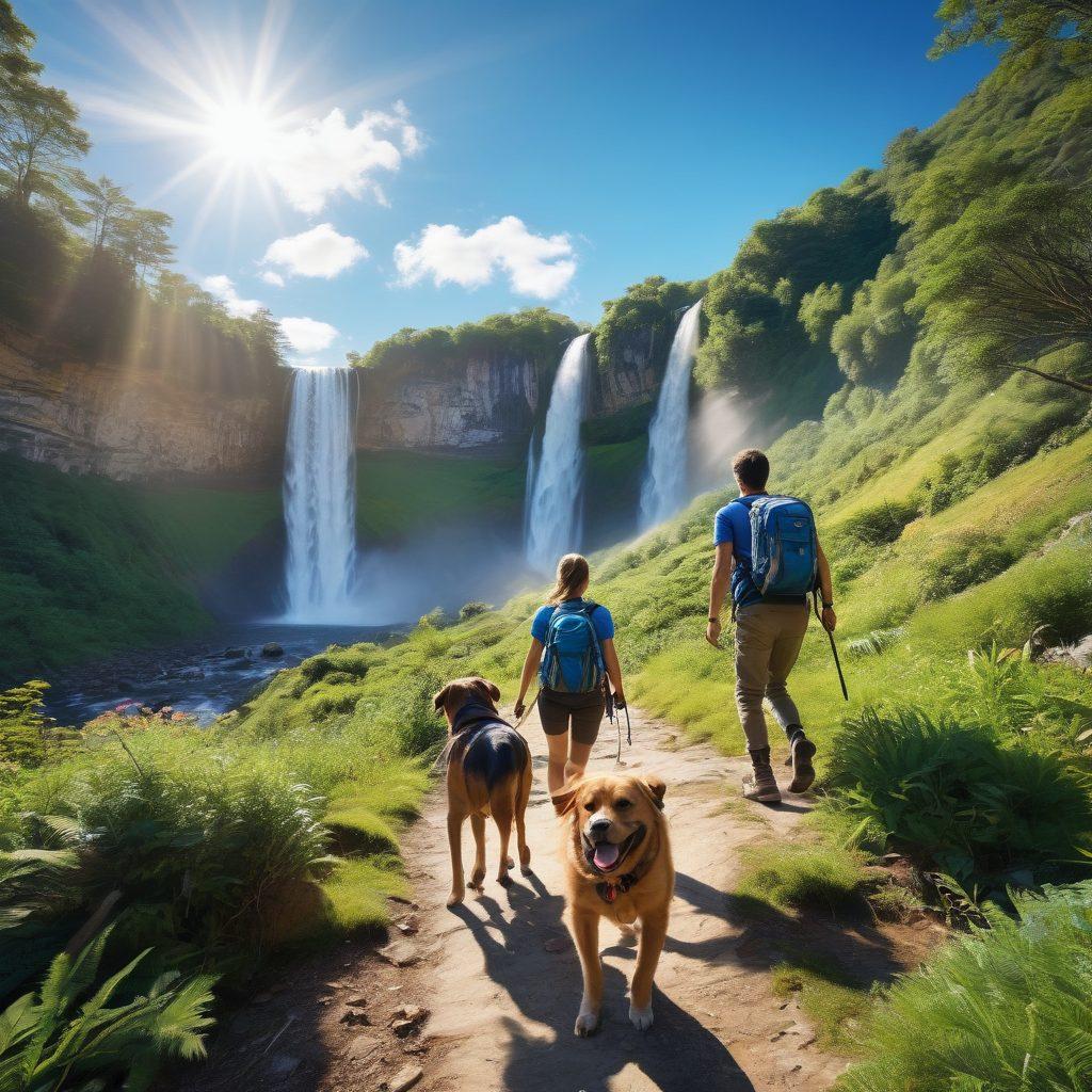 A scenic landscape featuring winding mountain trails under a bright blue sky, with a diverse group of adventurers hiking together, radiating joy and connection. The foreground showcases a joyful couple taking a selfie, while a dog happily runs around them, symbolizing playfulness. In the background, a waterfall cascades down lush greenery, representing the refreshing spirit of adventure. super-realistic. vibrant colors. 3D.