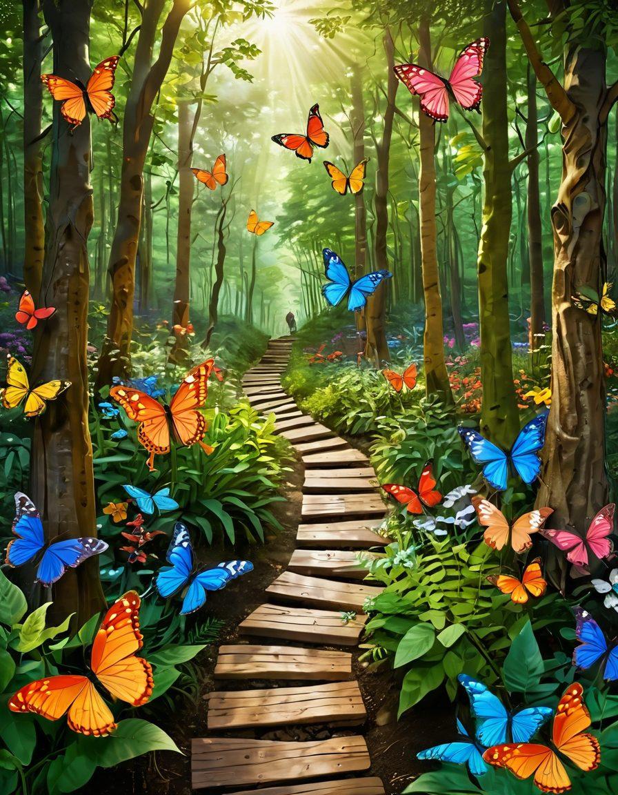 A vibrant scene depicting a winding path through a lush, sunlit forest, where a diverse group of people are engaging in joyful activities like laughing, meditating, and exploring. Along the path, whimsical obstacles symbolize unexpected challenges, while colorful butterflies and blooming flowers represent personal growth and joy. The atmosphere is warm and inviting, embodying a sense of adventure and positivity. surrealistic. vibrant colors. 3D.