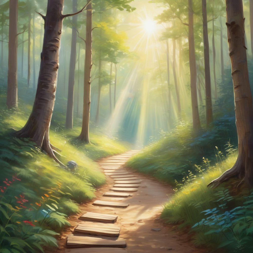 A serene landscape illustrating a winding path through a vibrant forest, with rays of sunlight filtering through the trees, symbolizing exploration. Along the path, various creative tools like paintbrushes, notebooks, and musical instruments are scattered, encouraging mindfulness and positivity. A peaceful figure practicing meditation nearby adds a sense of tranquility. soft colors and whimsical elements. painting. vibrant colors.